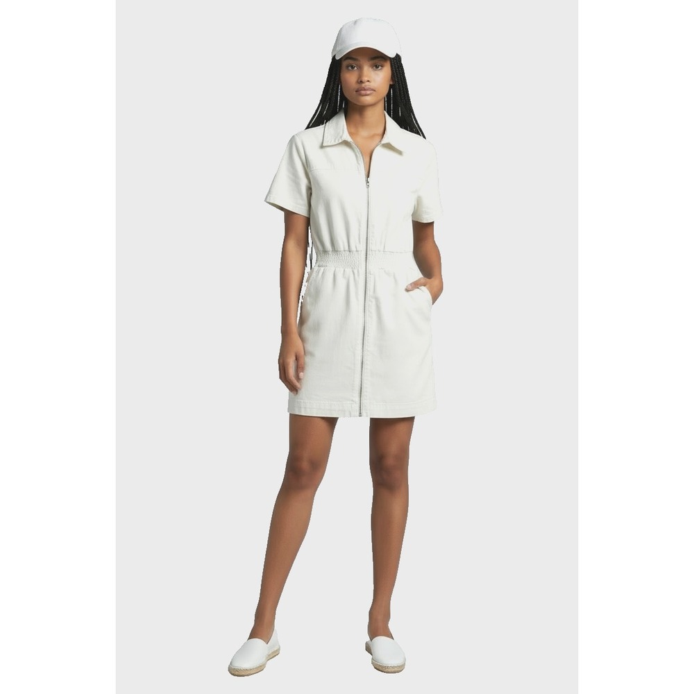 Forever 21 Women's‎ Utility Mini Dress S White Zip Front Heavy Denim Pockets